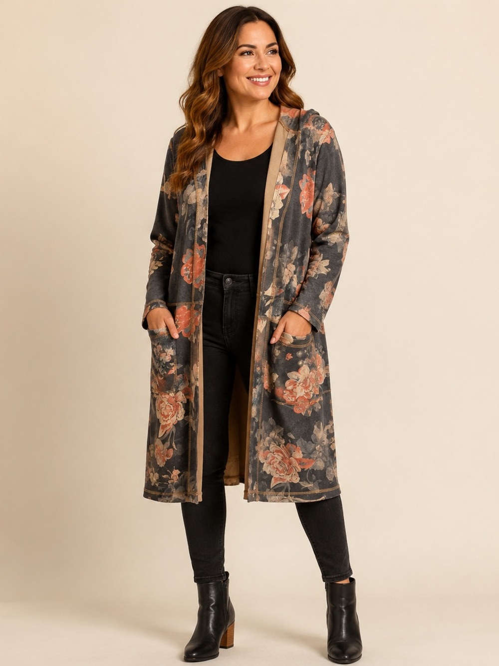 Philosophy Floral Long Duster Cardigan Open Front Boho Jacket M/L